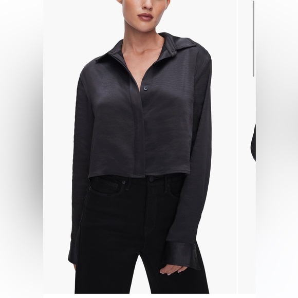 Good American‎ Black Crop Satin Button Up down long sleeve Shirt top small NWT - Picture 1 of 3